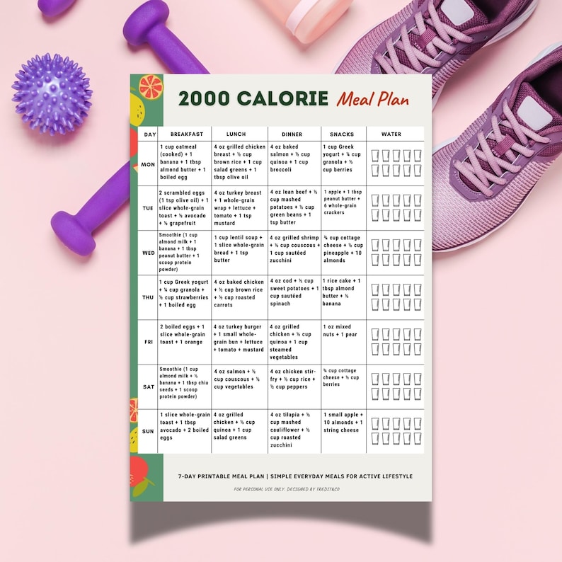2000 Calorie Meal Plan Printable | 7-Day 2000 Calories Menu PDF
