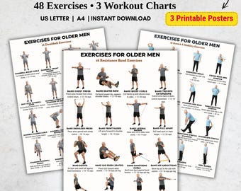 Exercises for Older Men Printable Bundle – Stretch, Resistance Band & Dumbbell Exercises, 48 Standing Workouts, PDF Charts