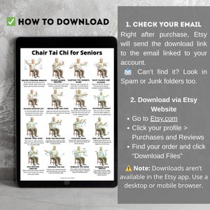 Printable Chair Tai Chi for Seniors poster showing seated Tai Chi exercises performed on a chair. The chart includes illustrated step-by-step movements such as Seated Opening Breath, Cloud Hands, Golden Rooster Lift, Seated Twist Flow, Floating Arms, Heel Lift Balance and Closing Calm Breath. Designed as a gentle seated balance and breathing routine for senior home practice in printable PDF format.