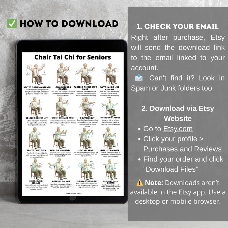 Printable Chair Tai Chi for Seniors poster showing seated Tai Chi exercises performed on a chair. The chart includes illustrated step-by-step movements such as Seated Opening Breath, Cloud Hands, Golden Rooster Lift, Seated Twist Flow, Floating Arms, Heel Lift Balance and Closing Calm Breath. Designed as a gentle seated balance and breathing routine for senior home practice in printable PDF format.