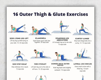 Rutina imprimible para muslos y glúteos / Hoja de 16 ejercicios / Tabla de ejercicios para hacer en casa / Ejercicios para la parte inferior del cuerpo / PDF imprimible de fitness