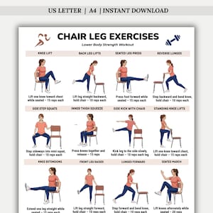 Op de afbeelding: Een witte, afdrukbare oefenkaart met de titel "Chair Leg Exercises" met illustraties van verschillende oefeningen. De kaart bevat instructies voor elke oefening, zoals knieliften, beenheffen en lunges. De tekst "US LETTER | A4 | INSTANT DOWNLOAD" staat bovenaan.