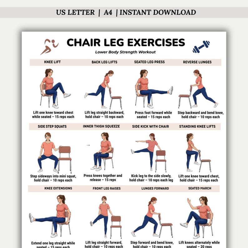 Chair Leg Exercises Printable Seated Leg Workout Chart Quad Strength Chair Leg Exercises Printable Seated Leg Workout Chart Quad Strength