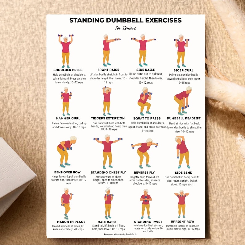 Standing Dumbbell Exercises for Seniors – 16 Illustrated Strength Training Printable