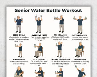 Senioren-Übungstabelle zum Ausdrucken, 16 Wasserflaschenübungen für Senioren, Stuhl- und Stehtraining, Fitness-Routine für ältere Menschen