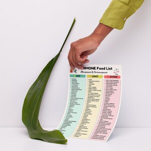 May include: A colorful food list titled "RMONE Food List Menopause & Perimenopause" is held by a person. The list is divided into three columns: "Eat," "Limit," and "Avoid," with various food items listed under each category. A large green leaf is in the foreground.