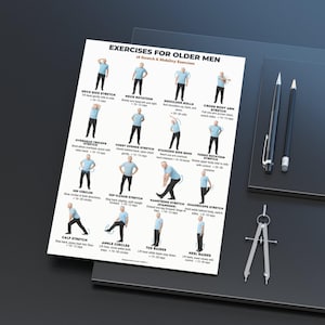 Printable exercise chart titled “Exercises for Older Men – 16 Stretch & Mobility Exercises.” The image shows an older man demonstrating standing stretch and mobility exercises including neck stretches, shoulder rolls, arm stretches, side bends, torso rotations, hip circles, leg stretches, ankle circles, toe raises, and heel raises. Each exercise is clearly illustrated with labels and repetition counts, designed for easy reference at home.