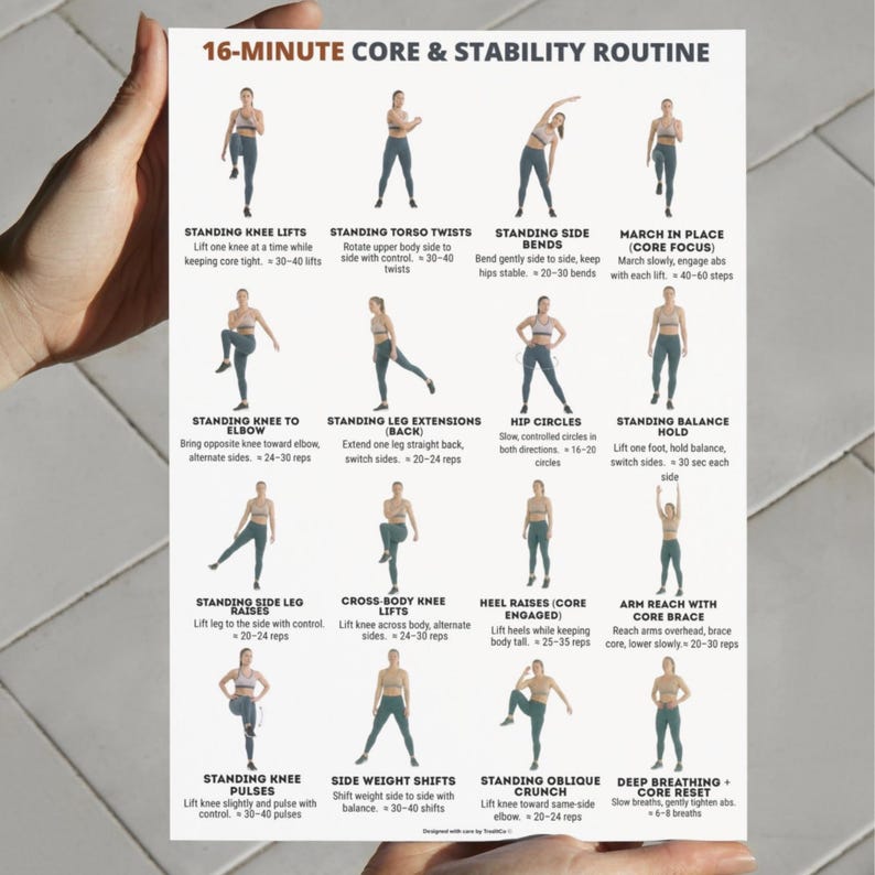 K&ouml;nnte beinhalten: Ein wei&szlig; gedruckter Leitfaden mit dem Titel "16-MINUTE CORE & STABILITY ROUTINE" mit &Uuml;bungsillustrationen. Der Leitfaden enth&auml;lt &Uuml;bungen wie Knieheben, Rumpfverdrehungen, Seitbeugen und H&uuml;ftkreisen. Der Leitfaden wird von einer Person gehalten.