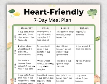 Plan de alimentación de 7 días para un corazón sano / Dieta para el colesterol imprimible / Plan de alimentación bajo en sodio / Dieta para el corazón en PDF / Descarga digital instantánea