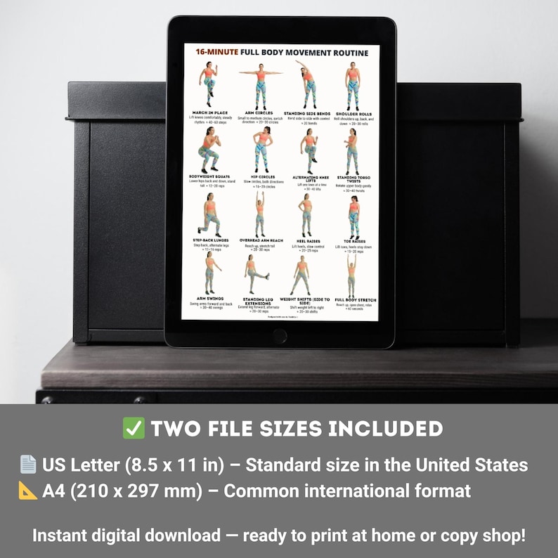 May include: A digital tablet shows a 16-Minute Full Body Movement Routine with exercise illustrations. The tablet is on a dark surface. Text at the bottom indicates two file sizes are included: US Letter (21.6 x 27.9 cm) and A4 (210 x 297 mm).