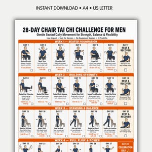 Reto de Tai Chi en Silla de 28 Días para Hombres (PDF Imprimible) — Programa Suave Diario de Fuerza, Equilibrio y Flexibilidad para Hombres Mayores
