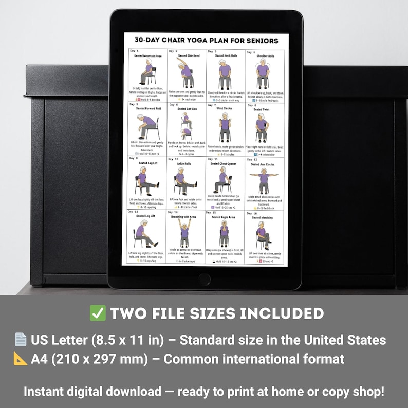 30-day printable chair yoga plan for seniors with simple seated exercises in visual format
