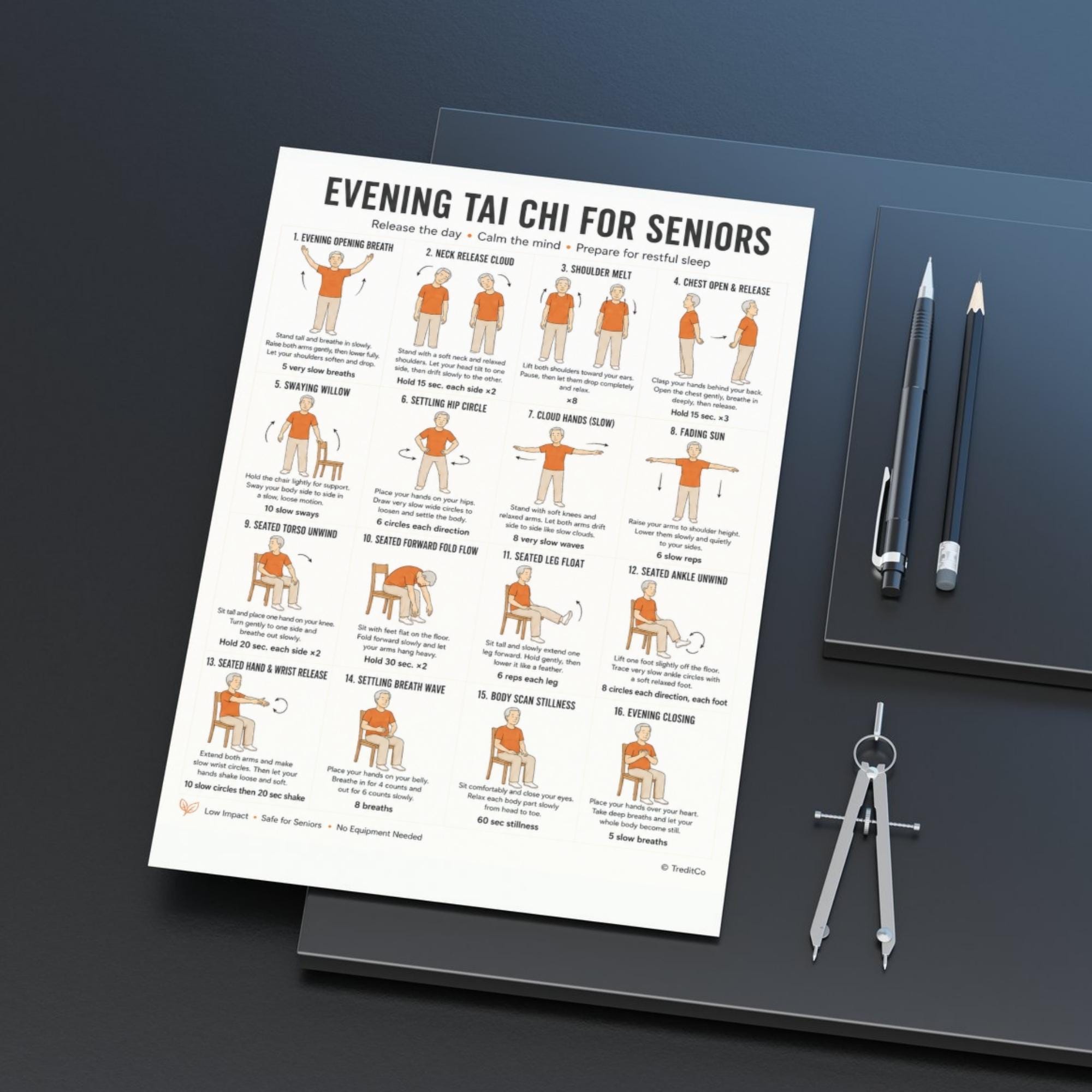 Relax Chart Evening Tai Chi for Seniors Printable - 16 Gentle Wind Down Moves ...
