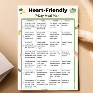 Heart Friendly 7 Day Meal Plan | Low Sodium Foods | Cholesterol Diet Plan | Printable PDF | Instant Download | US Letter A4