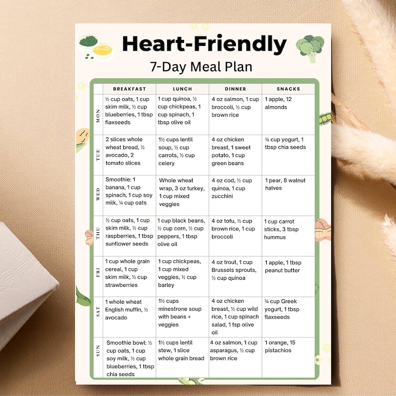 Heart Friendly 7 Day Meal Plan | Low Sodium Foods | Cholesterol Diet Plan | Printable PDF | Instant Download | US Letter A4