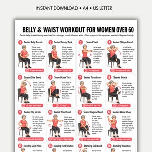Peut inclure: Une affiche d'entraînement intitulée Belly & Waist Workout for Women Over 60, présentant 16 illustrations numérotées d'une personne effectuant des exercices assis et debout sur une chaise, avec des textes explicatifs et des icônes rouges.