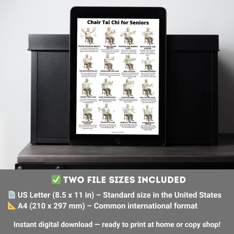 Printable Chair Tai Chi for Seniors poster showing seated Tai Chi exercises performed on a chair. The chart includes illustrated step-by-step movements such as Seated Opening Breath, Cloud Hands, Golden Rooster Lift, Seated Twist Flow, Floating Arms, Heel Lift Balance and Closing Calm Breath. Designed as a gentle seated balance and breathing routine for senior home practice in printable PDF format.
