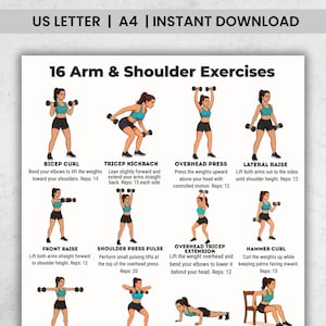 May include: A fitness guide with 16 arm and shoulder exercises, including bicep curls, tricep kickbacks, and overhead presses. Each exercise is illustrated with a person performing the movement with dumbbells, and includes the number of repetitions.