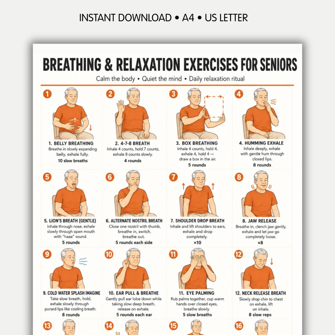 Breathing &amp; Relaxation Exercises for Seniors Printable PDF — 16 Calming Breathwork Techniques ...