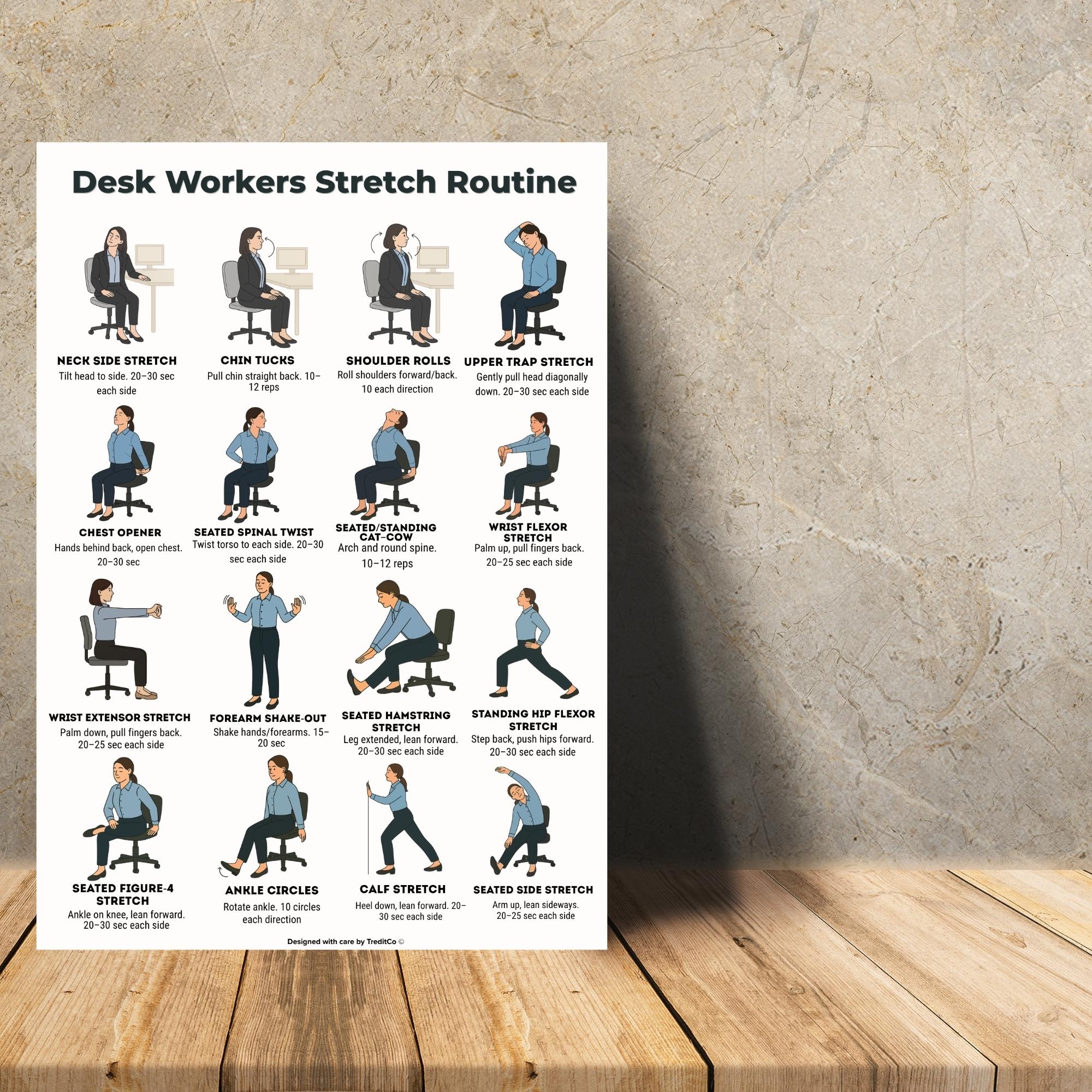Desk Stretch Routine Printable, Office Chair Exercises Chart, Workplace