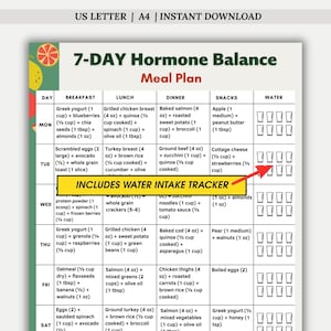 Piano alimentare ormonale di 7 giorni stampabile in PDF, piano dietetico ormonale, piano alimentare ad alto contenuto proteico, pianificatore di pasti settimanale, piano di preparazione dei pasti in formato A4 US Letter