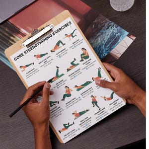 Flat-style digital illustration of a woman demonstrating core strengthening exercises at home, fitness workout poster, no equipment required.