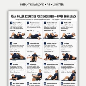 Exercices avec rouleau de massage pour hommes seniors (PDF imprimable) — 16 exercices doux pour le haut du corps et le dos, tableau de remise en forme pour hommes seniors, routine de récupération à domicile.