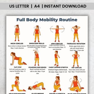 Pode incluir: Um guia de rotina de mobilidade de corpo inteiro com ilustrações de exercícios. O guia inclui exercícios como círculos de pescoço, rotações de ombros, círculos de braços e círculos de quadril. O texto na parte superior diz "US LETTER | A4 | INSTANT DOWNLOAD".