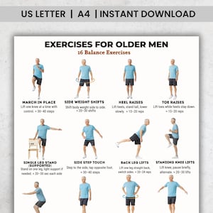 Puede incluir: Una guía de ejercicios imprimible titulada "EJERCICIOS PARA HOMBRES MAYORES" con 16 ejercicios de equilibrio. La guía incluye ilustraciones e instrucciones para cada ejercicio, como marchar en el lugar, levantar los talones y tocar de lado. Descarga instantánea.