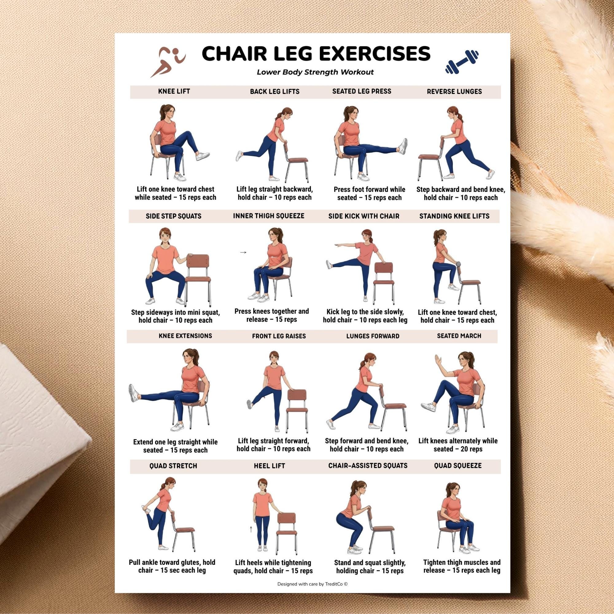 Chair Leg Exercises Printable, Seated Leg Workout Chart, Quad Strength