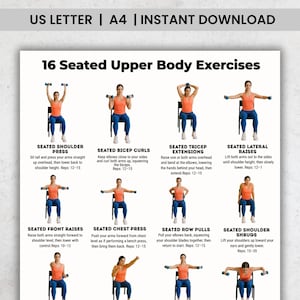May include: A fitness guide titled "16 Seated Upper Body Exercises" with illustrations of exercises. The guide includes instructions for seated shoulder press, bicep curls, tricep extensions, lateral raises, front raises, chest press, row pulls, and shoulder shrugs.