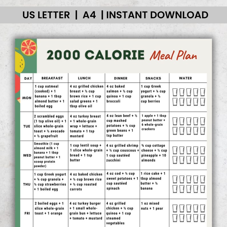 2000 Calorie Meal Plan Printable | 7-Day 2000 Calories Menu PDF