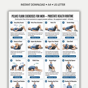May include: A digital instructional chart titled Pelvic Floor Exercises for Men – Prostate Health Routine. It features sixteen numbered illustrations of a person performing various physical exercises, including breathing, stretching, and muscle activation techniques.