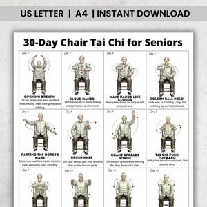 Puede incluir: Una guía imprimible para un programa de Tai Chi en silla de 30 días para personas mayores. La guía presenta ilustraciones de movimientos de Tai Chi con instrucciones. La parte superior de la guía tiene el texto "US LETTER | A4 | INSTANT DOWNLOAD".