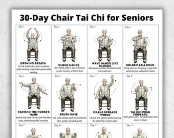 30 jours de tai-chi sur chaise pour personnes âgées PDF imprimable, programme d'exercices d'équilibre assis et de mobilité pour la routine quotidienne à la maison
