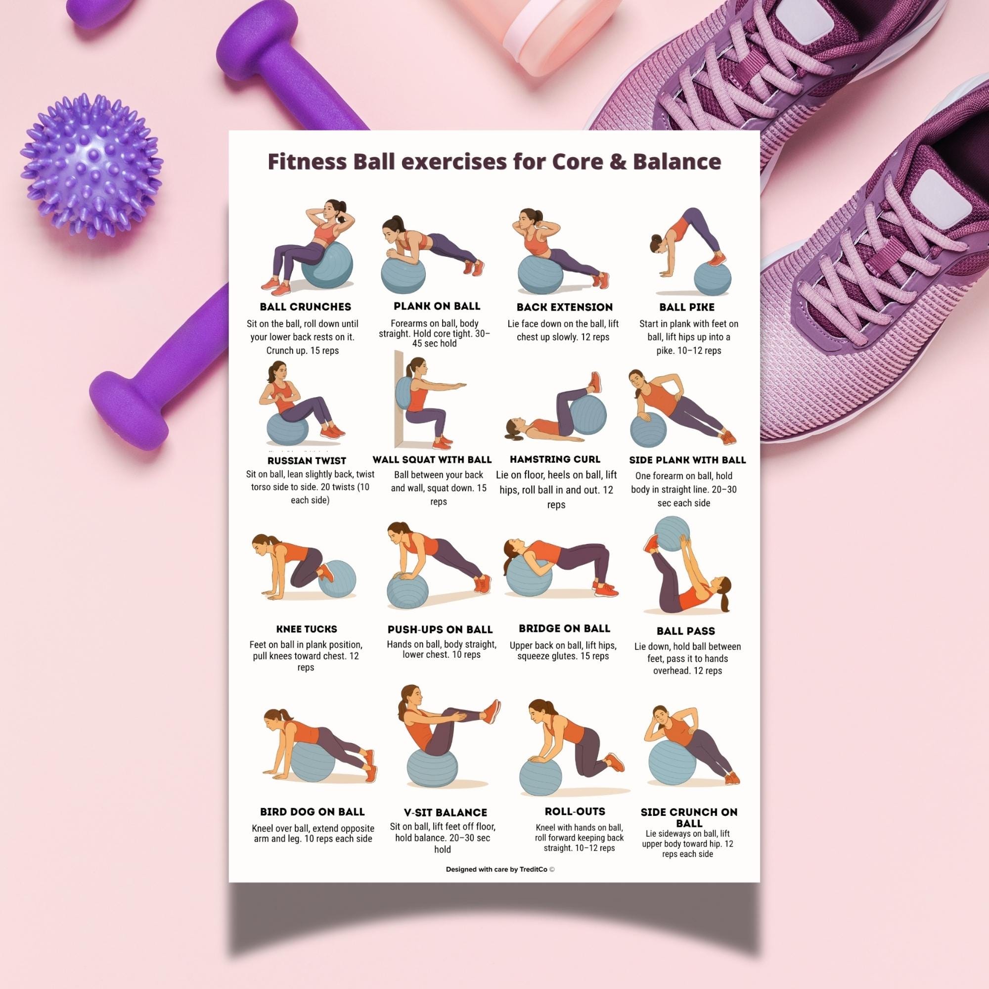Fitness Ball Workout Poster -16 Stability Ball Exercises for Core ...