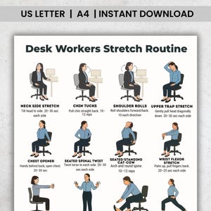 May include: A white printable with the text "Desk Workers Stretch Routine" and illustrations of various stretches. The routine includes neck, chin, shoulder, and wrist stretches, among others. The document is available for instant download.