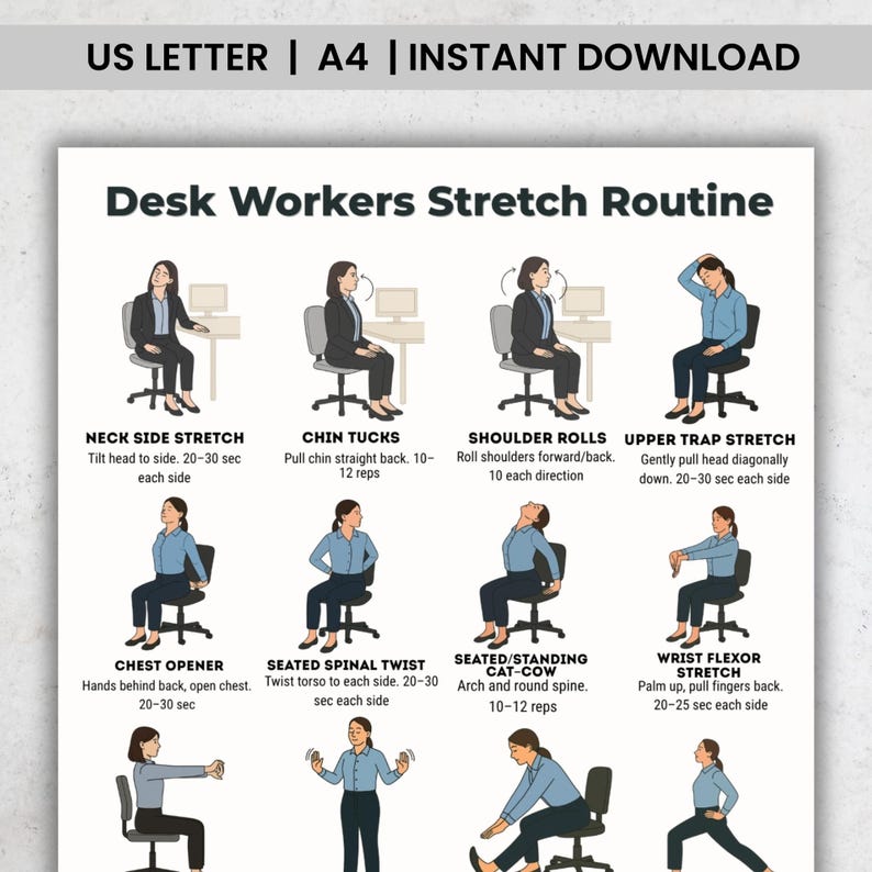 Office Stretch Routine Desk Stretch Routine Printable, Office Chair Exercises Chart, Workplace ...