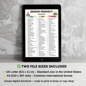 A printable Senior‑Friendly Food List chart with three columns labeled Eat, Limit, and Avoid, featuring soft foods, low sodium options, and easy‑to‑digest meals on a clean minimal background.