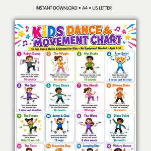 May include: A colorful Kids Dance & Movement Chart poster featuring 16 numbered squares, each illustrating a different dance move with a cartoon character, descriptive text, and count instructions. The header includes musical notes and star graphics.