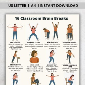Könnte beinhalten: Ein druckbares Poster mit dem Titel "16 Klassenraum-Brain Breaks" mit Illustrationen von Übungen. Die Übungen umfassen Armkreisen, Hampelmänner, Zehenberührungen, Schulterzucken, Liegestütze am Schreibtisch, Nackenrollen usw. Sofortiger Download verfügbar.