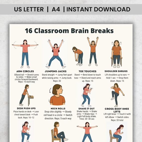 Classroom Brain Breaks Printable | 16 Kids Movement Exercises | A4