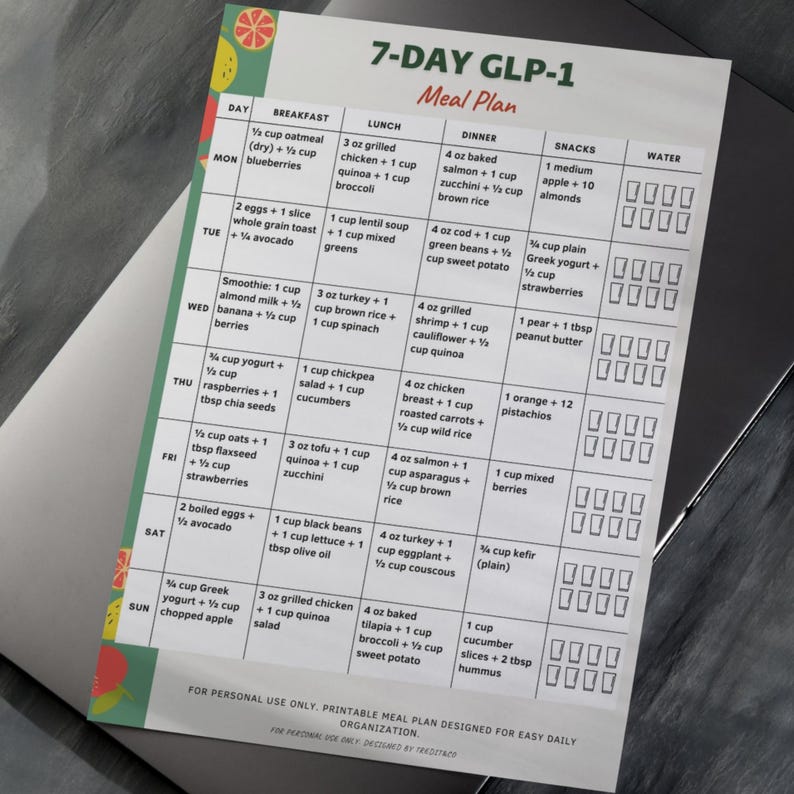 GLP-1 7 day meal plan printable showing a weekly text-based meal plan with breakfast, lunch, dinner, and snack for each day. One-page printable PDF written in U.S. measurements, suitable for printing on A4 or US Letter or for digital use.