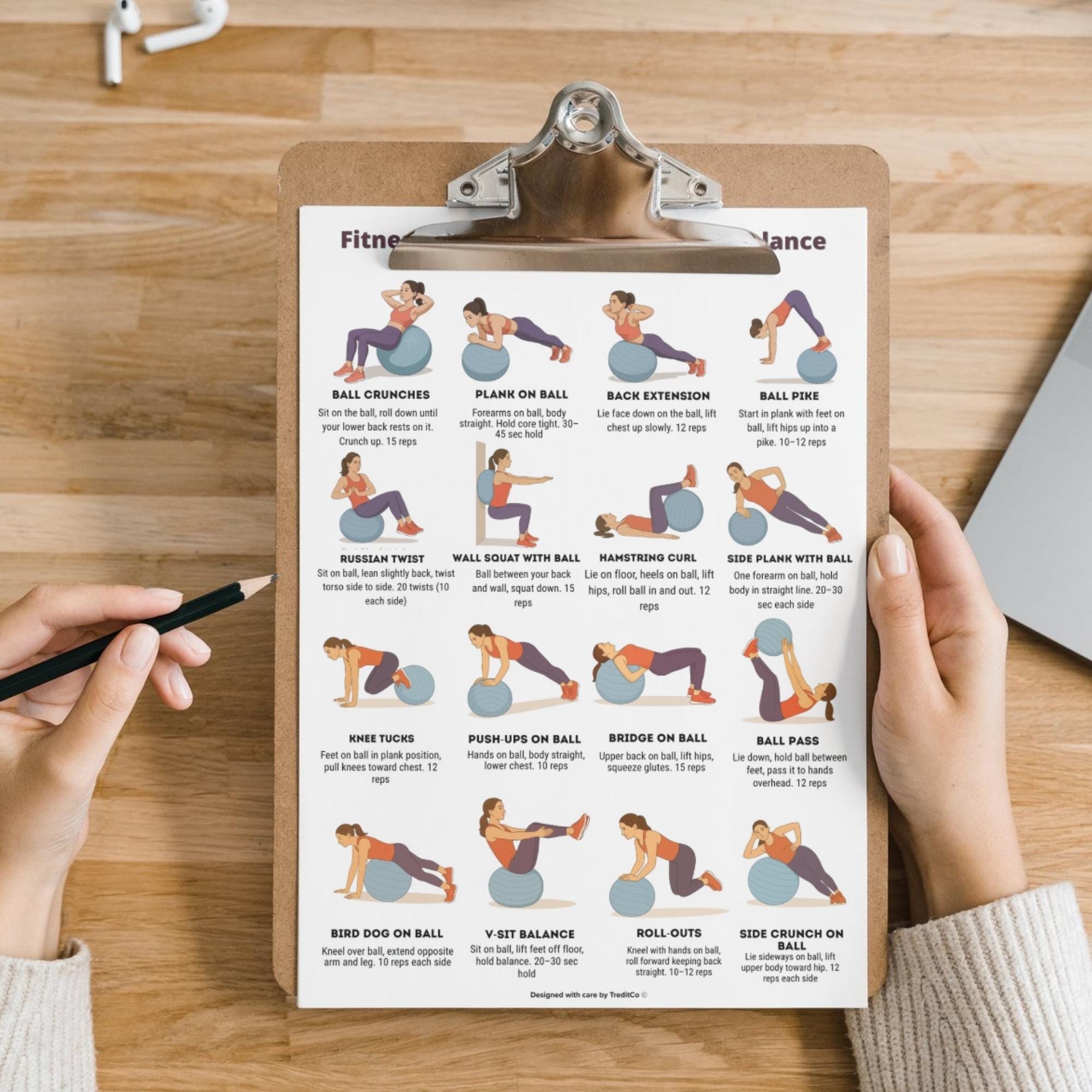 Fitness Ball Workout Poster -16 Stability Ball Exercises for Core ...