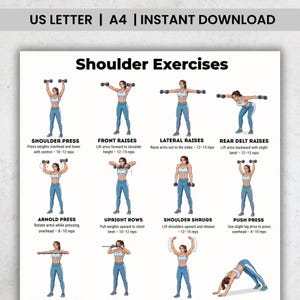 Op de afbeelding: Een witte print met de tekst "US LETTER | A4 | INSTANT DOWNLOAD" bovenaan. Daaronder staat de titel "Shoulder Exercises". De afbeelding toont illustraties van verschillende schouderoefeningen, waaronder Shoulder Press, Front Raises en Lateral Raises.