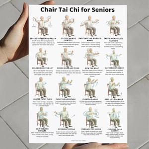 Printable Chair Tai Chi for Seniors poster showing seated Tai Chi exercises performed on a chair. The chart includes illustrated step-by-step movements such as Seated Opening Breath, Cloud Hands, Golden Rooster Lift, Seated Twist Flow, Floating Arms, Heel Lift Balance and Closing Calm Breath. Designed as a gentle seated balance and breathing routine for senior home practice in printable PDF format.