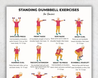Standing Dumbbell Exercises for Seniors PDF – 16 Illustrated Strength Training Poster, Senior Workout Chart Printable | Home Workout Plan