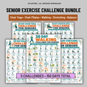 Seniorutmaningspaket med träningspass, 30 dagars stolyoga, stolpilates, promenader, stretching, balans, utskrivbar PDF