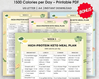 28 Day Keto Meal Plan Printable PDF | 1500 Calorie High Protein Low Carb Diet | 4 Week Keto Meal Prep Plan
