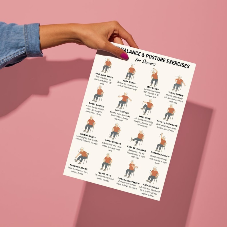 Seated balance and posture exercises for seniors illustrated on chair, elderly woman showing low impact home workout printable PDF chart